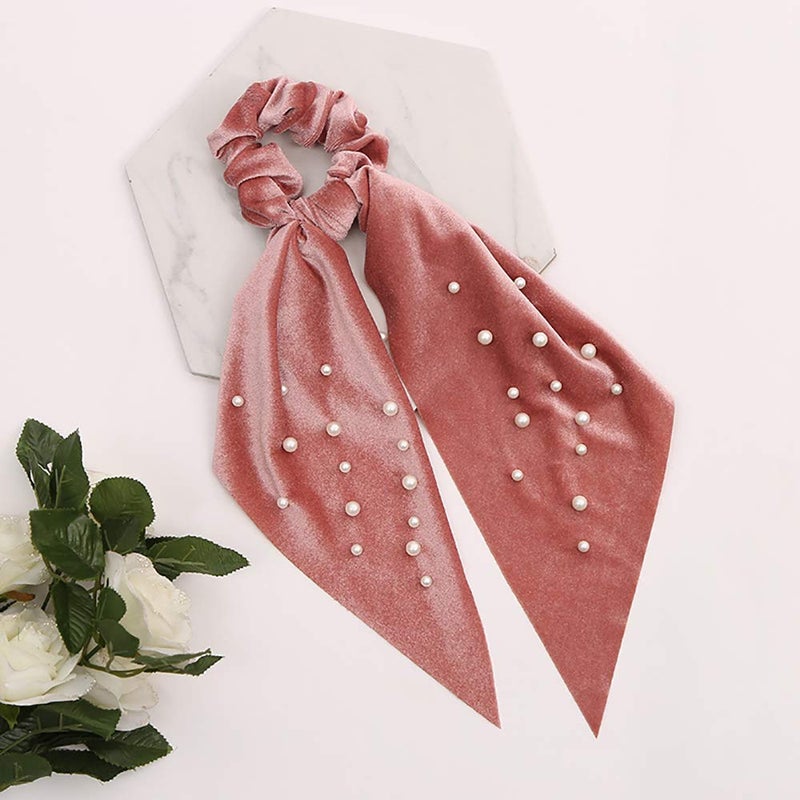 DINPREY 5 Pcs Velvet Scarf Hair Scrunchies Silk Ribbon Bow Scrunchies Super Soft Velvet Hair Ties Bowknot Scrunchies Bowknot Elegant Elastic Hair Bands Ponytail Holder (5 Packs A) - Image 4